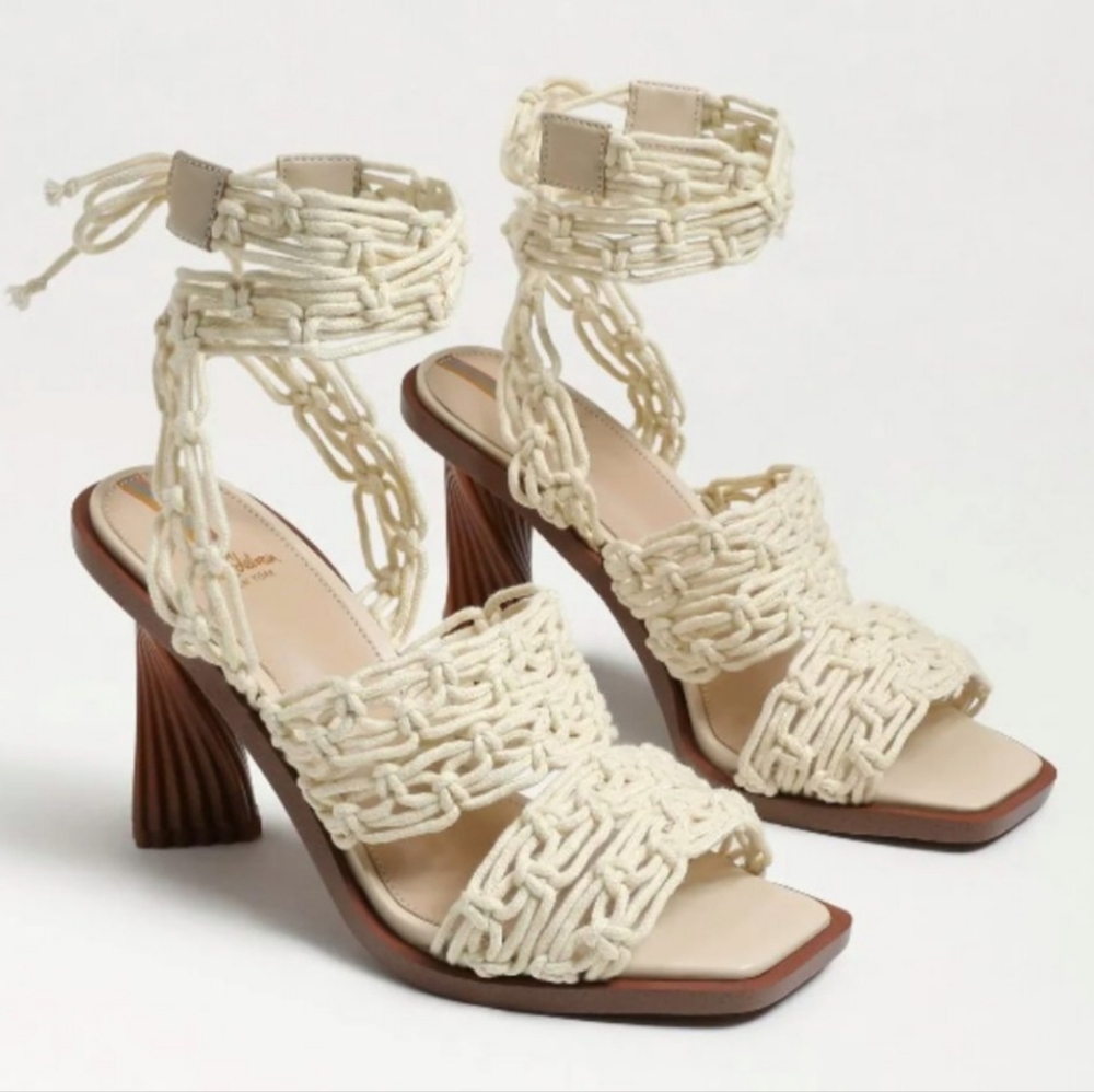 Sam Edelman Cream Braided Ankle-Tie Heels - Picture 3 of 15